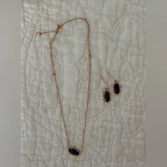 Kendra Scott Rose Gold Necklace + Matching Earrings with Blue Accents - Picture 1 of 5